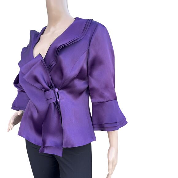 Frascara 8 Purple Silk Wrap Blouse Ruffle V-Neck Bell Sleeve Bow Tie NWOT - Picture 3 of 7